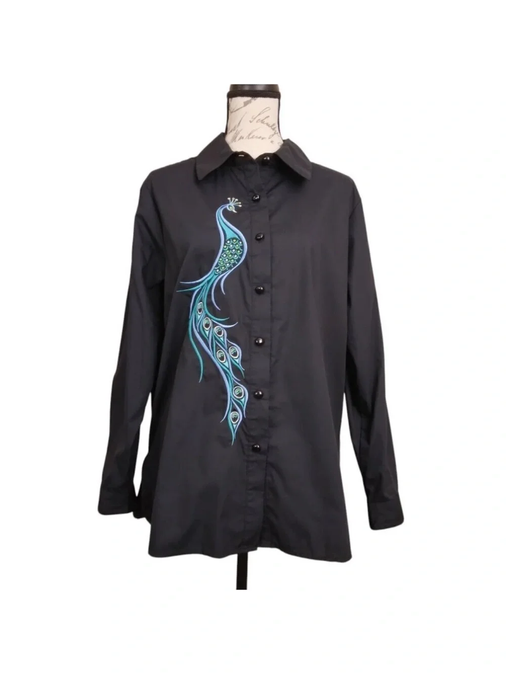 Bob Mackie Black Button-Front Shirt with Teal and Blue Peacock Motif